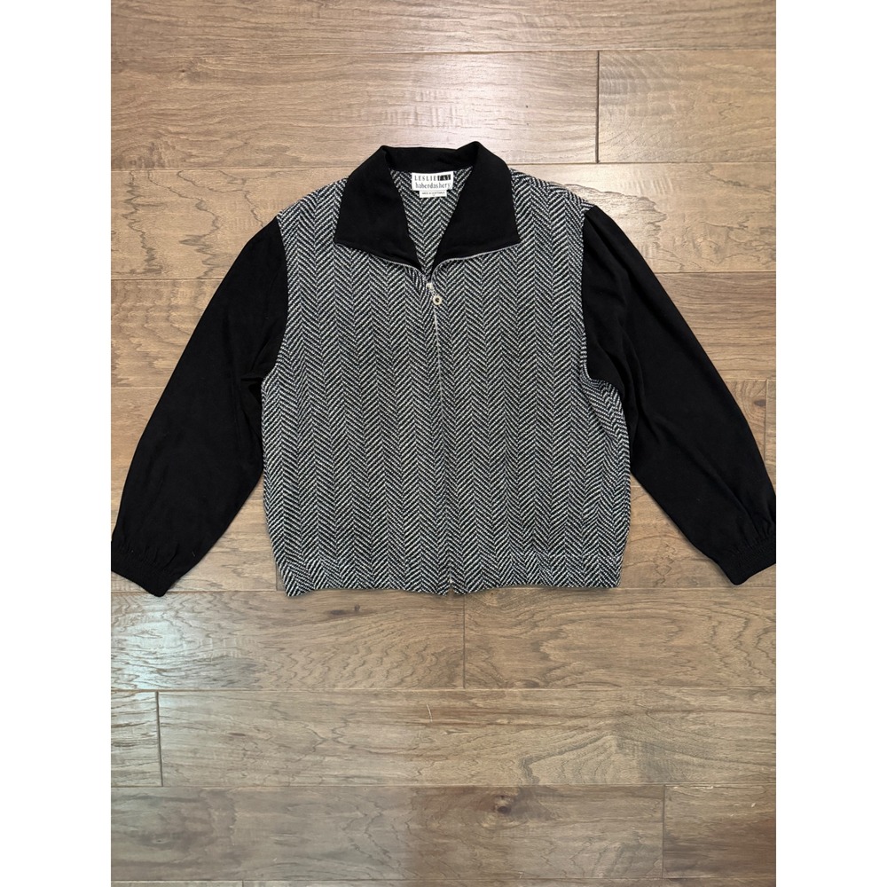 Vintage Leslie Fay Haberdashery Jacket Womens 12 Black White Herringbone Zip Up